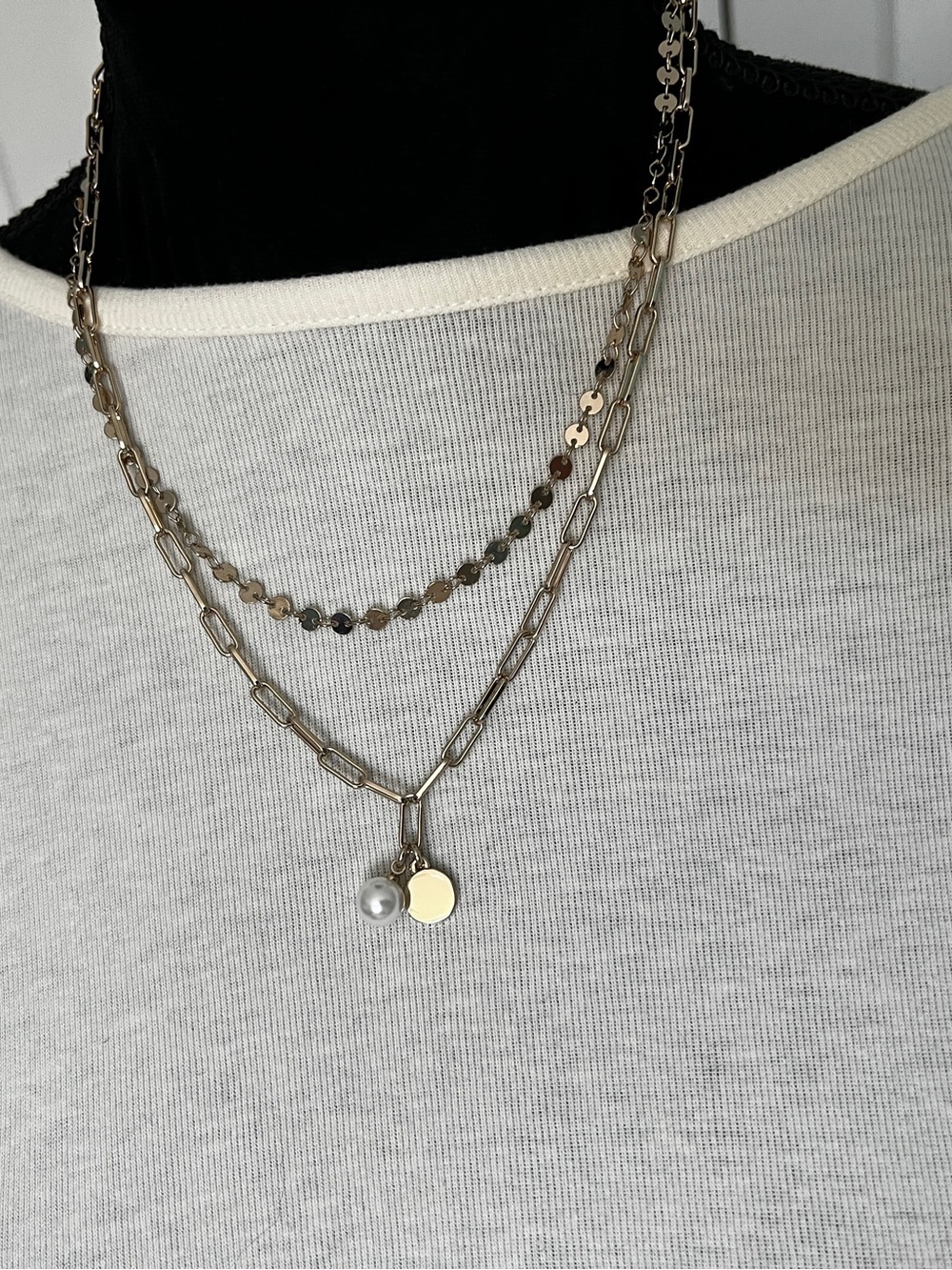 New with Tag J. Crew Layered Chain Necklace with Pearl and Disc Charm